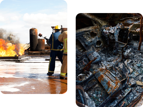 Post-Fire Structural Assessment – Engineers evaluate a fire-damaged high-rise building, checking for structural integrity with laser measurement tools and blueprints.
